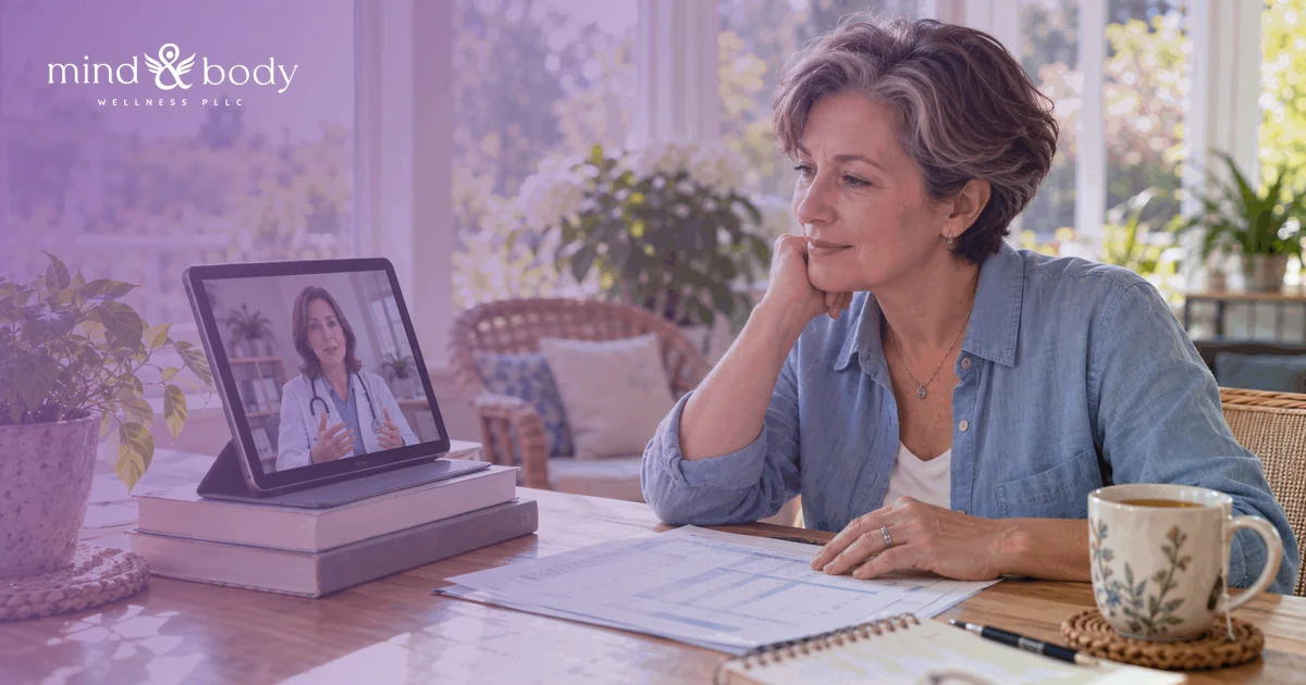 Woman attending a telehealth hormone replacement therapy video visit from home