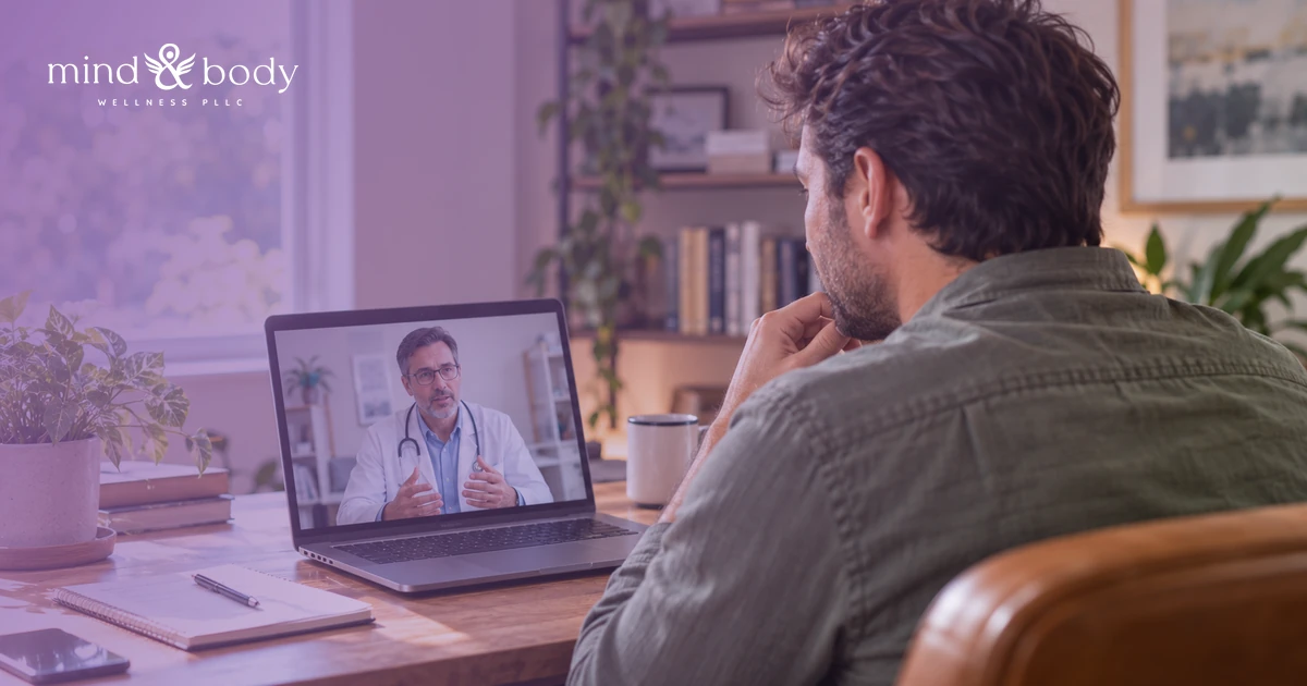 Man on a video call with a provider during an online depression evaluation