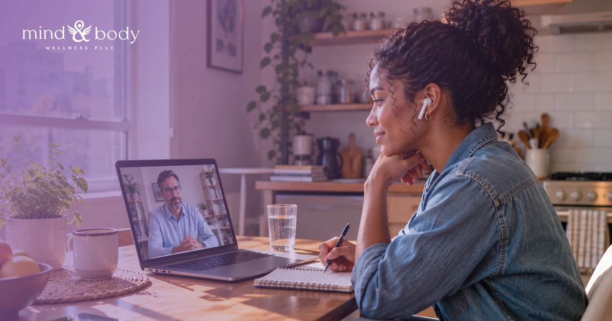 Woman attending a telehealth therapy session