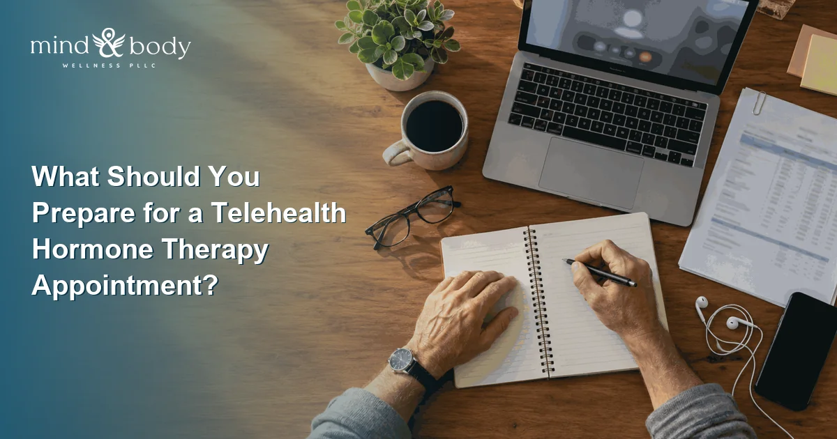 Notebook, laptop, and lab results laid out to prepare for a telehealth hormone therapy appointment