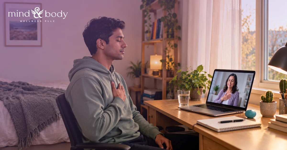 Person sitting calmly by a window practicing slow breathing after a stressful moment